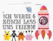 Einladungskarte Kindergeburtstag Zahlien A6 Klappkarte quer weiss mit außerirdischen Monstern und Rakete
