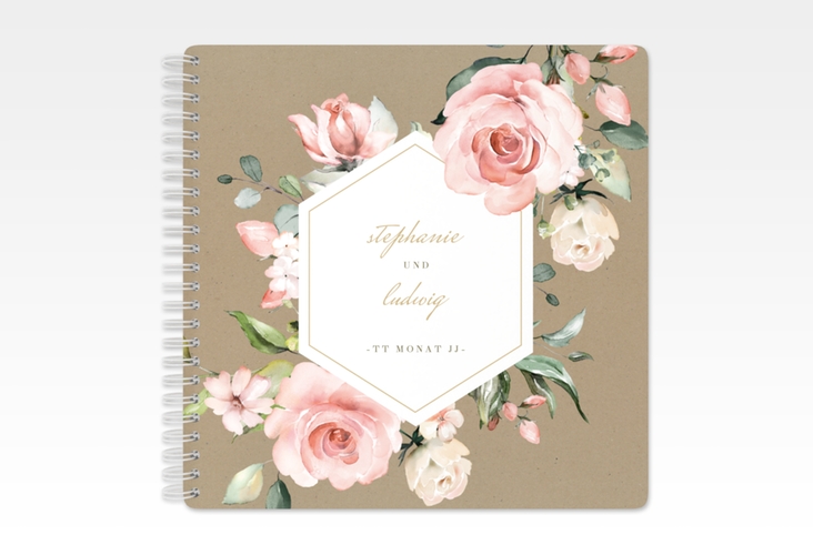 Gästebuch Hochzeit Graceful Ringbindung mit Rosenblüten in Rosa und Weiß