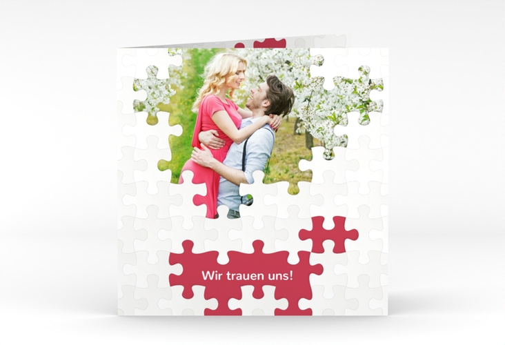Hochzeitseinladung Puzzle quadr. Klappkarte rot hochglanz