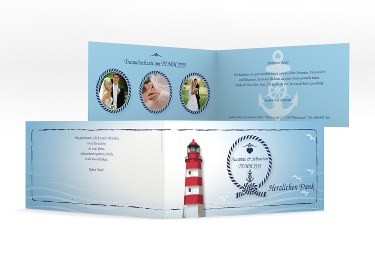 Danksagungskarte Hochzeit Sylt lange Klappkarte quer blau hochglanz mit Leuchtturm
