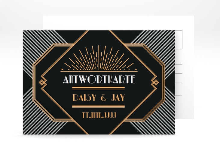 Antwortkarte Hochzeit Gatsby A6 Postkarte schwarz hochglanz