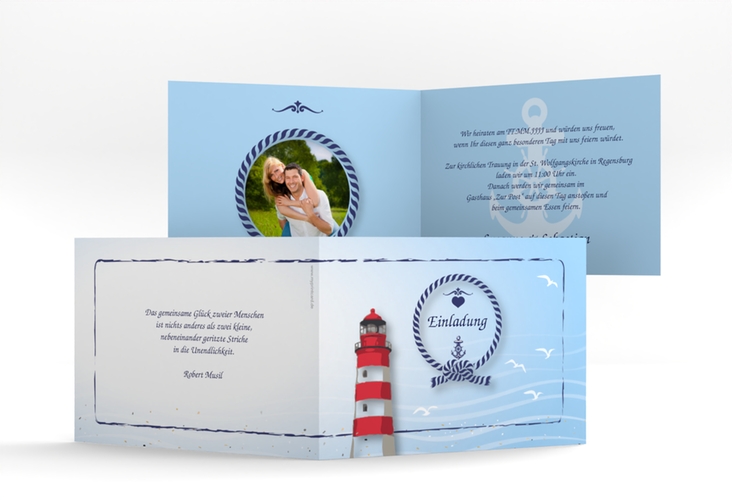Hochzeitseinladung Sylt A6 Klappkarte quer blau hochglanz mit Leuchtturm