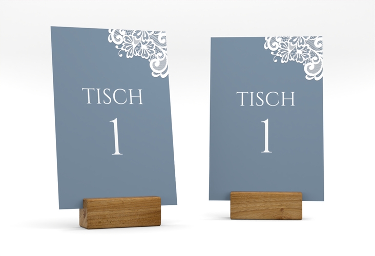 Tischnummer Hochzeit Vintage Tischaufsteller blau mit floraler Spitze