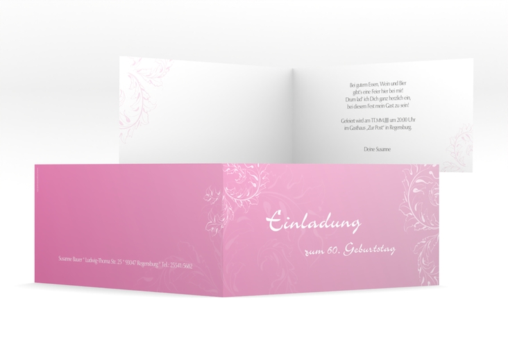 Einladung 60. Geburtstag Peter/Petra lange Klappkarte quer rosa hochglanz