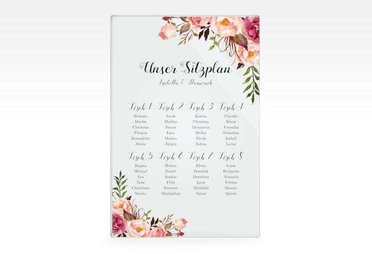 Sitzplan Acryl Hochzeit Flowers 40 x 60 cm Acryl weiss mit bunten Aquarell-Blumen