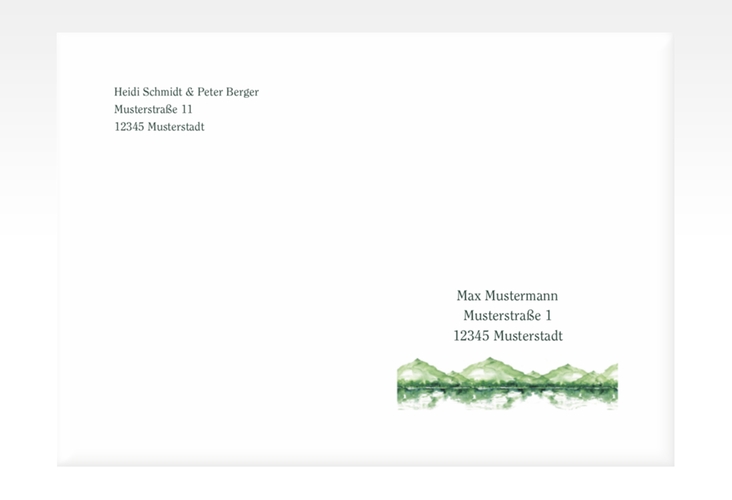Kuvert C6 Bergliebe DIN C6 gruen mit Gebirgspanorama für Berghochzeit
