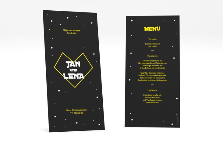 Menükarte Hochzeit Starlove lange Karte hoch schwarz mit Sci-Fi-Universum