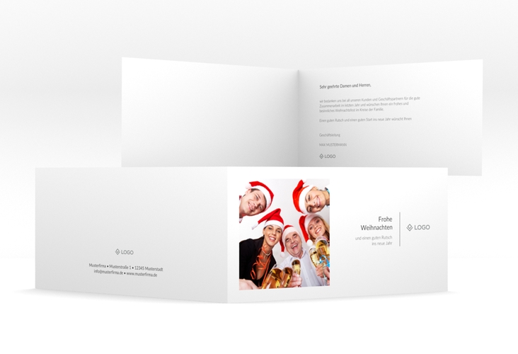 Geschäftliche Weihnachtskarte Weihnachtsfeier lange Klappkarte quer hochglanz mit Logo und Foto für Firmen