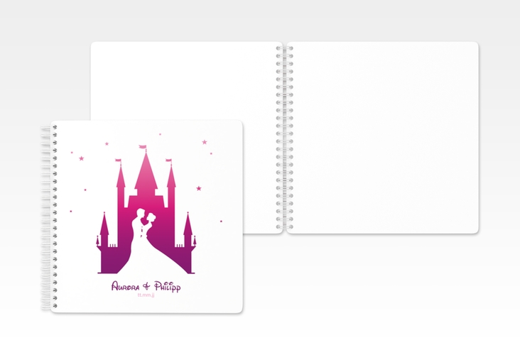 Gästebuch Hochzeit Castle Ringbindung pink mit Silhouette von Märchenschloss mit Prinz und Prinzessin
