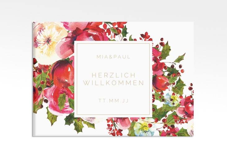 Willkommensschild Hochzeit Blumenpracht 70 x 50 cm Leinwand weiss