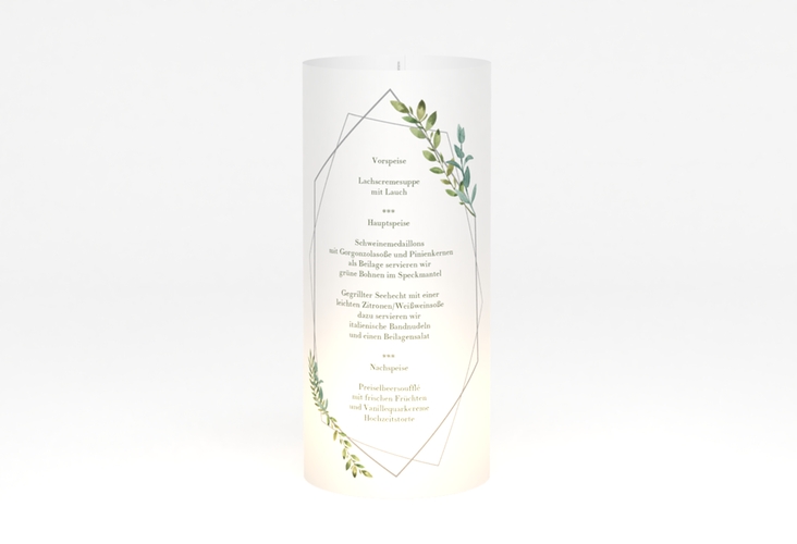 Windlicht Menü Hochzeit Herbarium Windlicht grau mit geometrischem Rahmen und Blätter-Dekor