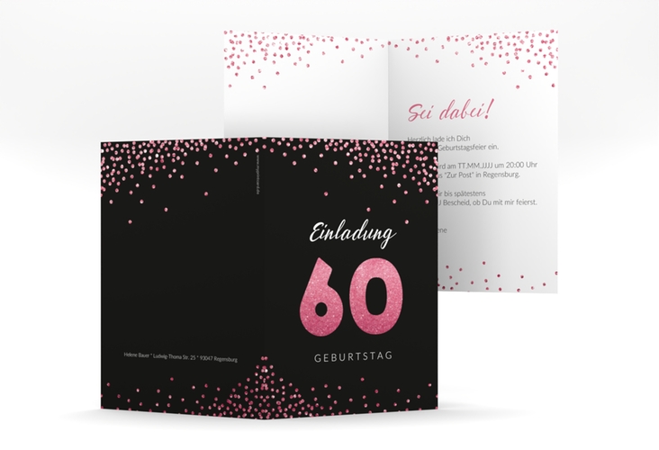 Einladung 60. Geburtstag Glitzer A6 Klappkarte hoch pink hochglanz