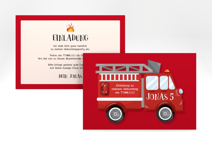 Einladungskarte Kindergeburtstag Feuerwehr A6 Karte quer rot hochglanz