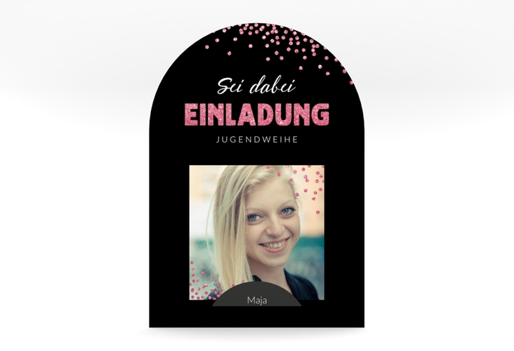 Einladungskarte Jugendweihe Glimmer mittlere Bogen-Karte + Foto pink
