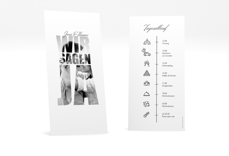 Tagesablauf Hochzeit Letters lange Karte hoch weiss