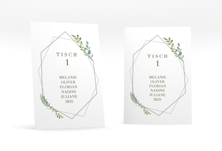 Tischaufsteller Hochzeit Herbarium Tischaufsteller grau mit geometrischem Rahmen und Blätter-Dekor