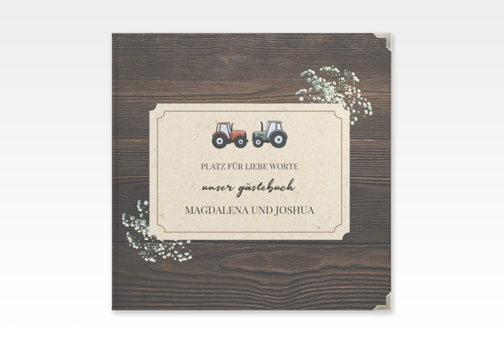 Gästebuch Selection Hochzeit Bauernhochzeit Leinen-Hardcover braun in rustikaler Holz-Optik mit Schleierkraut und zwei kleinen Traktoren