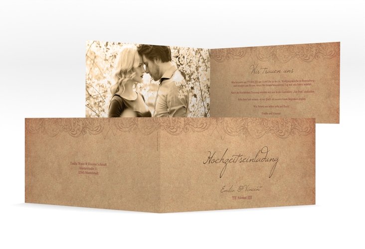 Hochzeitseinladung Fairytale lange Klappkarte quer braun mit Vintage-Bordüre
