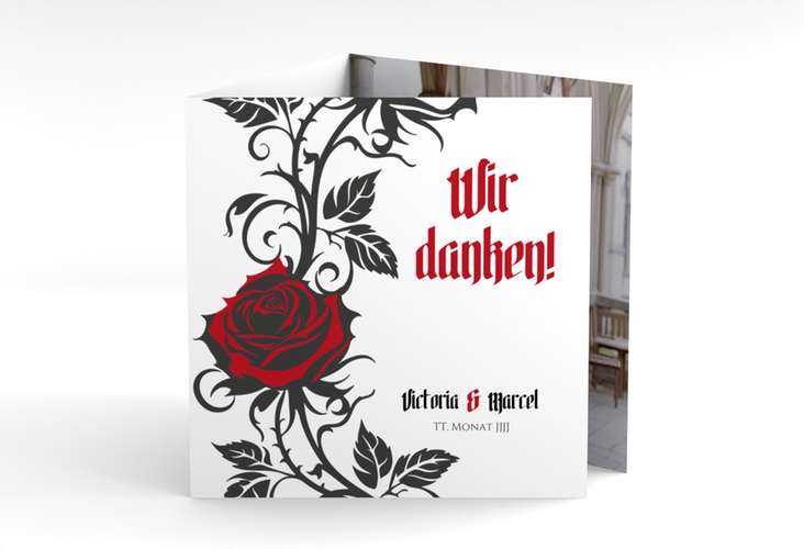 Danksagungskarte Hochzeit Red Rose quadr. Doppel-Klappkarte weiss