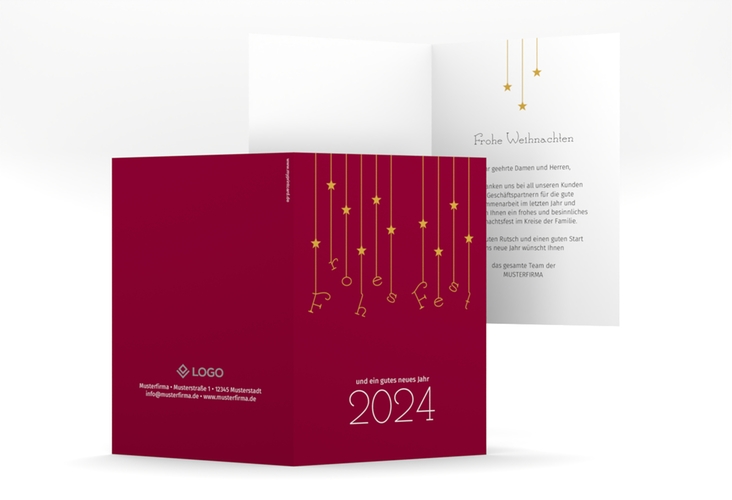 Geschäftliche Weihnachtskarte Windspiel A6 Klappkarte hoch rot schlicht mit Sternchen-Girlande und Jahreszahl