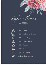 Klick: Details zu Tagesablauf Leinwand Hochzeit "Blooming" anzeigen Tagesablauf Leinwand Hochzeit Blooming 50 x 70 cm Leinwand blau