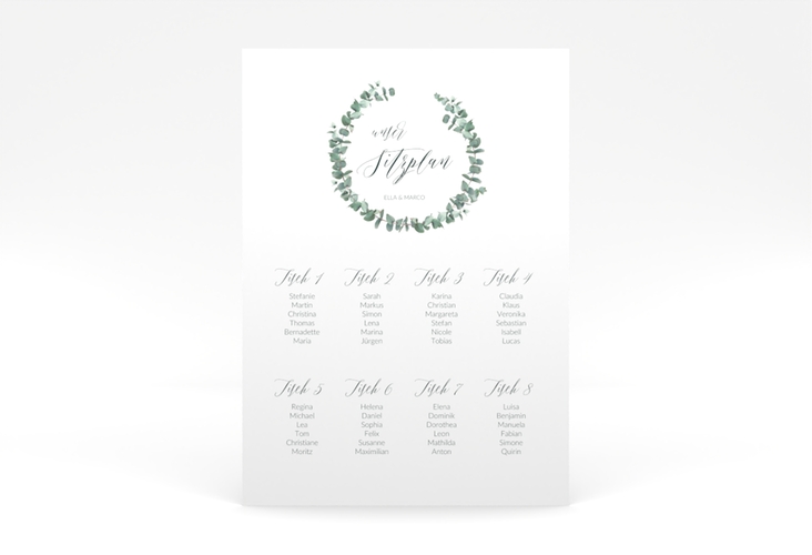 Sitzplan Poster Hochzeit Silverleaf 50 x 70 cm Poster weiss mit Eukalyptus-Zweig