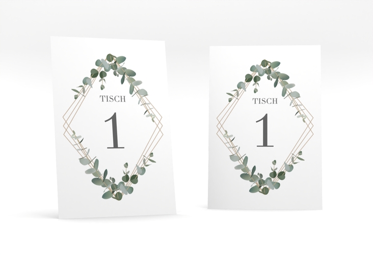 Tischnummer Hochzeit Eukalyptus Tischaufsteller weiss hochglanz