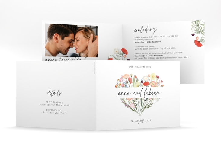 Hochzeitseinladung Wildblumenherz mittlere Klappkarte quer