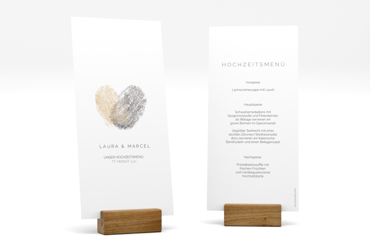Menükarte Hochzeit Fingerprint lange Karte hoch beige hochglanz schlicht mit Fingerabdruck-Motiv
