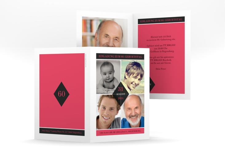 Einladung 60. Geburtstag Rhombus A6 Klappkarte hoch rot modern mit vier Fotos