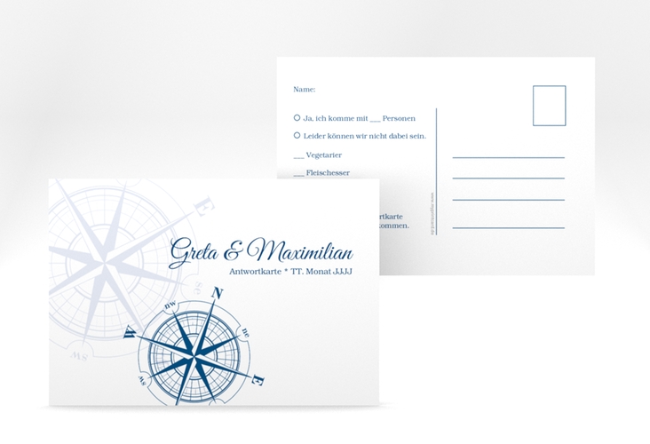 Antwortkarte Hochzeit Windrose A6 Postkarte blau hochglanz