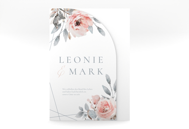 Hochzeitseinladung Perfection mittlere Bogen-Wickelfalzkarte weiss mit rosa Rosen