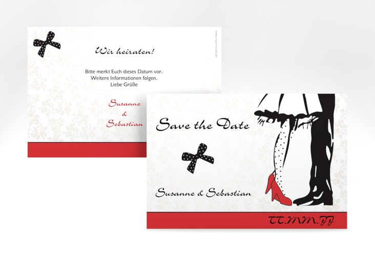 Save the Date-Karte Hochzeit Straßburg A6 Karte quer hochglanz mit Rockabilly-Brautpaar