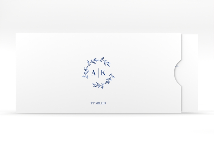 Hochzeitseinladung Filigrana Einsteckkarte blau hochglanz in reduziertem Design mit Initialen und zartem Blätterkranz