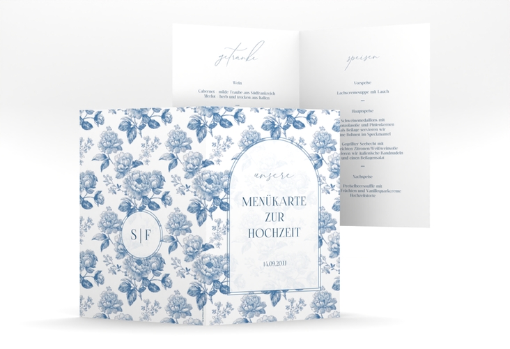 Menükarte Hochzeit Blue Floral A5 Klappkarte hoch weiss mit blauem Blumenmuster auf weißem Grund