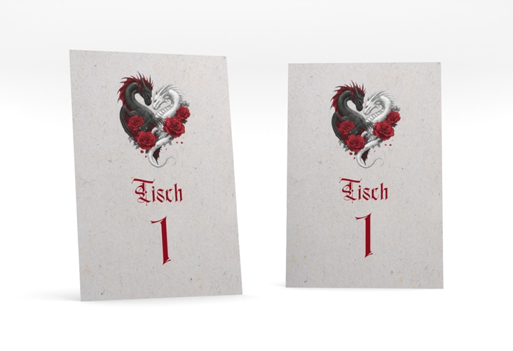 Tischnummer Hochzeit Drachenliebe Tischaufsteller grau hochglanz mit schwarzem und weißem Drachen zu einem Herz verschlungen