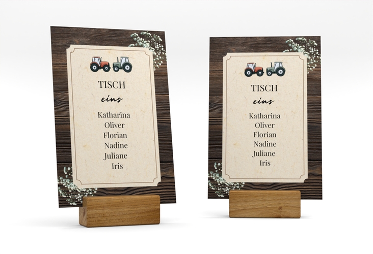 Tischaufsteller Hochzeit Bauernhochzeit Tischaufsteller in rustikaler Holz-Optik mit Schleierkraut und zwei kleinen Traktoren