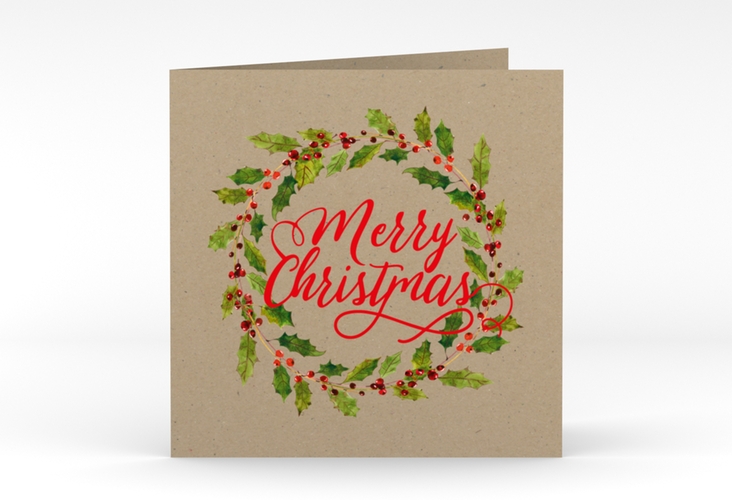 Weihnachtskarte Weihnachtskranz quadr. Klappkarte Kraftpapier mit Kranz aus Stechpalme