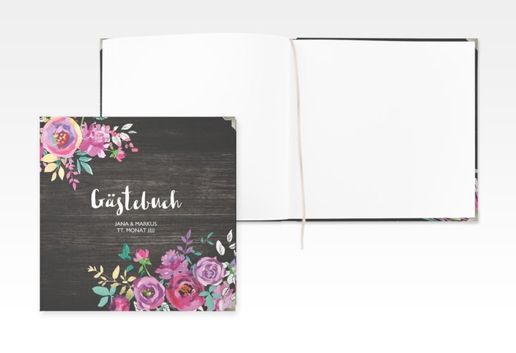 Gästebuch Selection Hochzeit Flourish Leinen-Hardcover schwarz mit floraler Bauernmalerei auf Holz