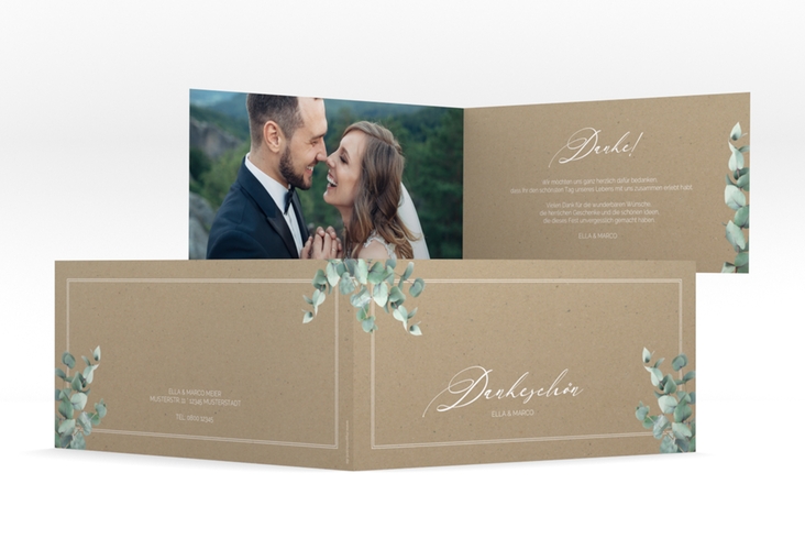 Danksagungskarte Hochzeit Eucalypt lange Klappkarte quer Kraftpapier mit Eukalyptus und edlem Rahmen