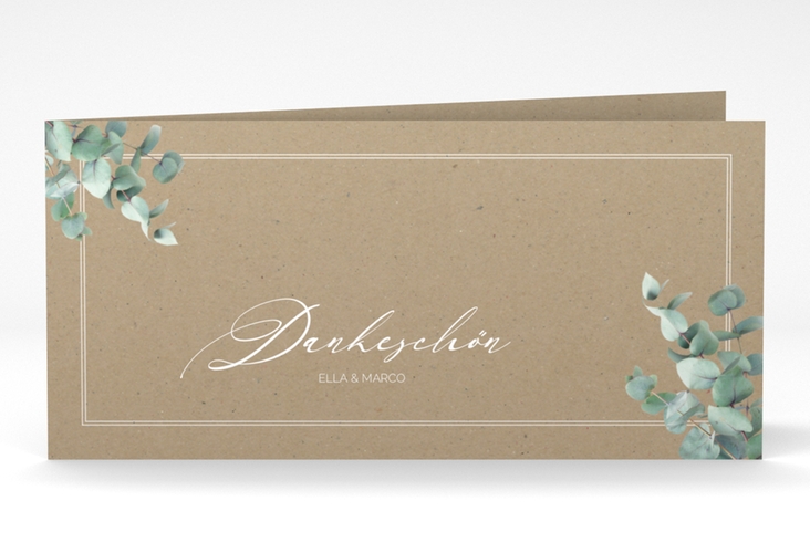 Danksagungskarte Hochzeit Eucalypt lange Klappkarte quer Kraftpapier hochglanz mit Eukalyptus und edlem Rahmen