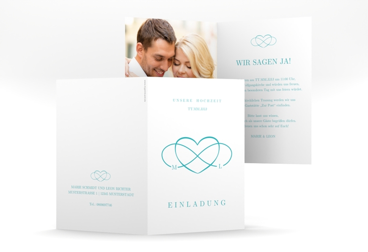 Einladungskarte Hochzeit Infinity A6 Klappkarte hoch tuerkis hochglanz