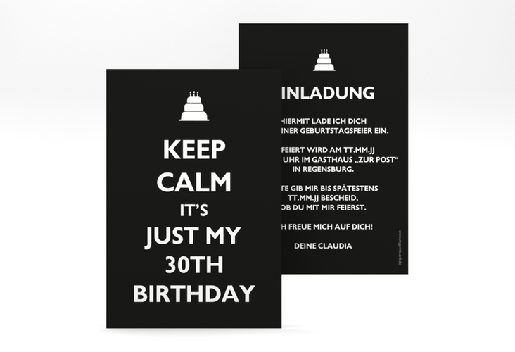 Einladung 30. Geburtstag KeepCalm A6 Karte hoch schwarz hochglanz