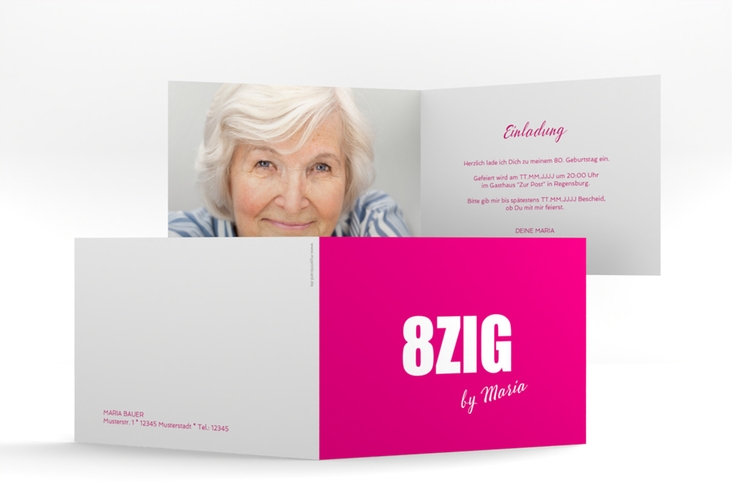 Einladung 80. Geburtstag Zig A6 Klappkarte quer pink
