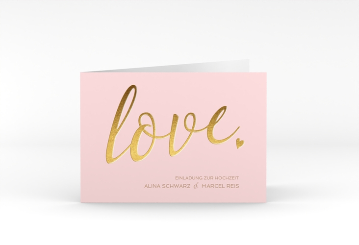 Hochzeitseinladung Glam A6 Klappkarte quer rosa hochglanz