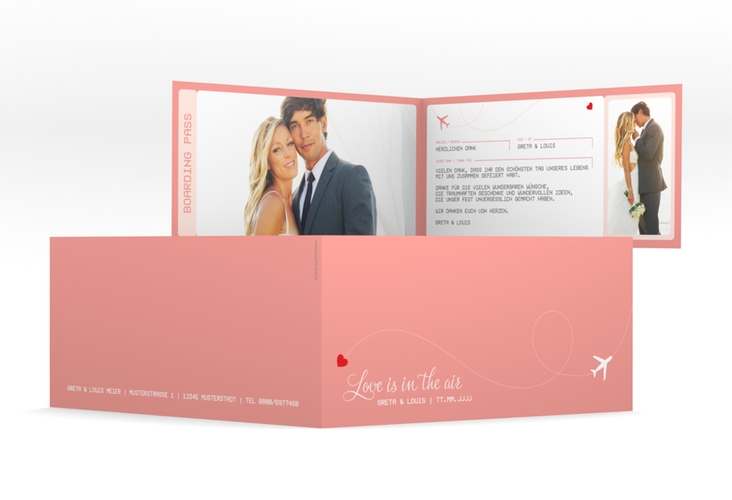 Dankeskarte Hochzeit Weddingpass lange Klappkarte quer rosa hochglanz