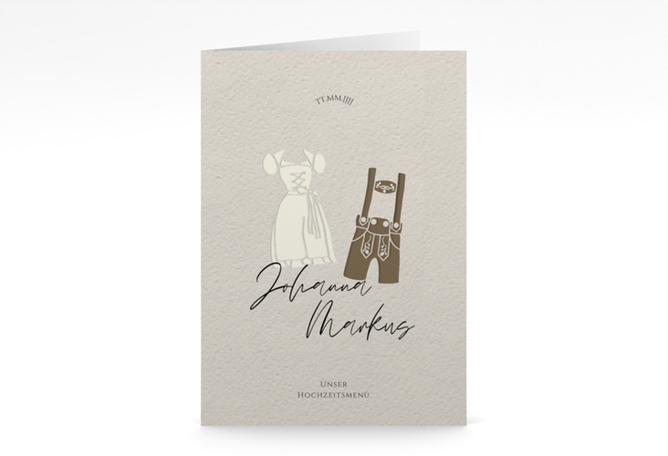 Menükarte Hochzeit Trachtenhochzeit A5 Klappkarte hoch mit Dirndl und Lederhose