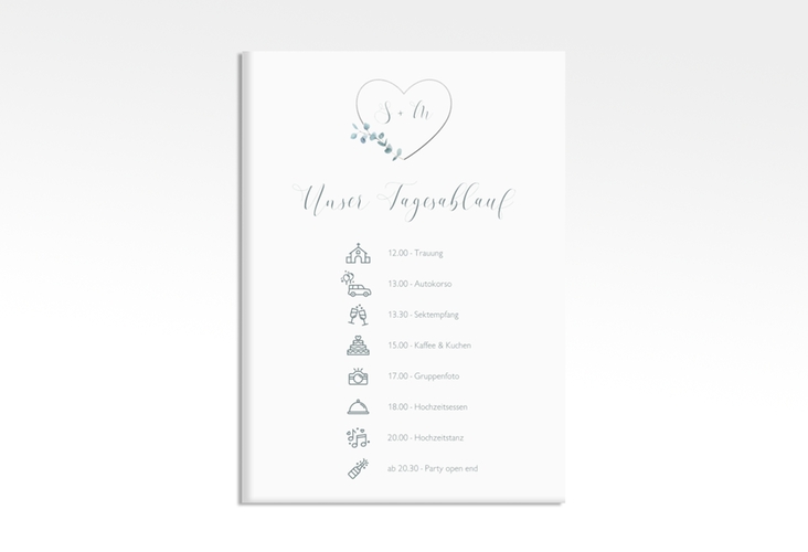 Tagesablauf Leinwand Hochzeit Greenheart 50 x 70 cm Leinwand grau mit elegantem Herz und Eukalyptus-Zweig