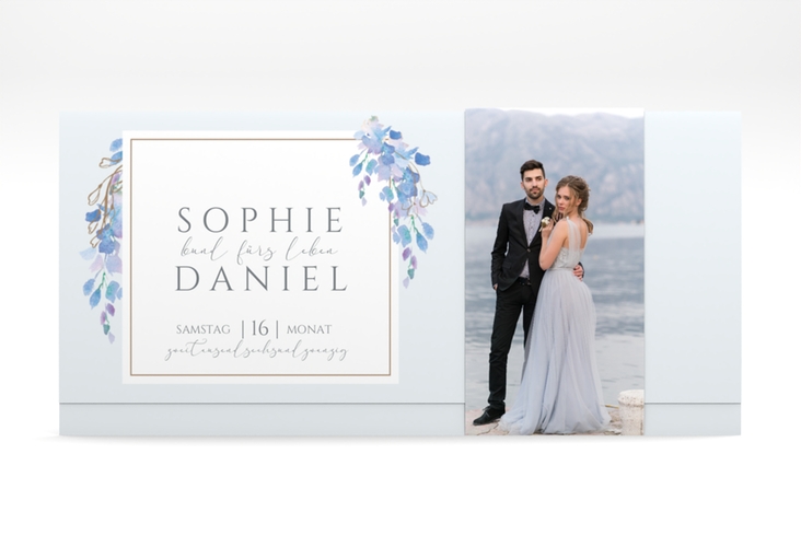 Hochzeitseinladung Blauregen Wickelfalzkarte + Banderole mit Wisteria-Blüten