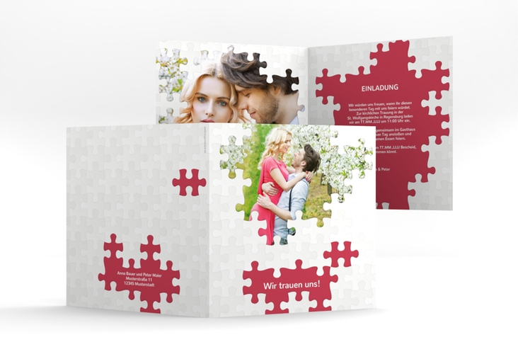 Hochzeitseinladung Puzzle quadr. Klappkarte rot hochglanz